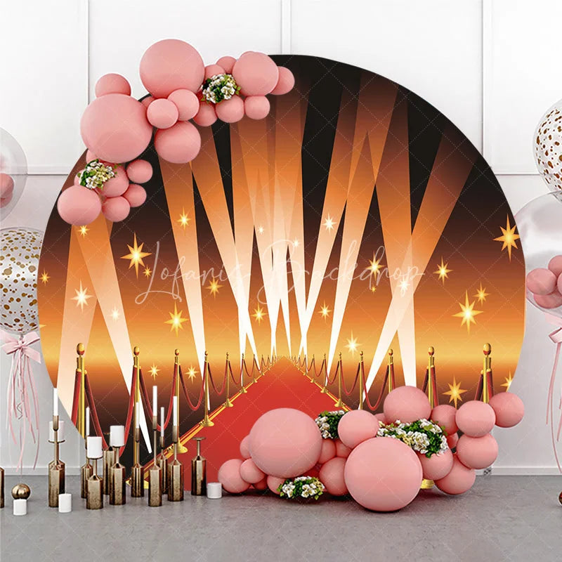 Lofaris Red Carpet Hollywood Round Backdrop VIP Runway with Spotlights and Stars Background Awards Night Birthday Party Decor