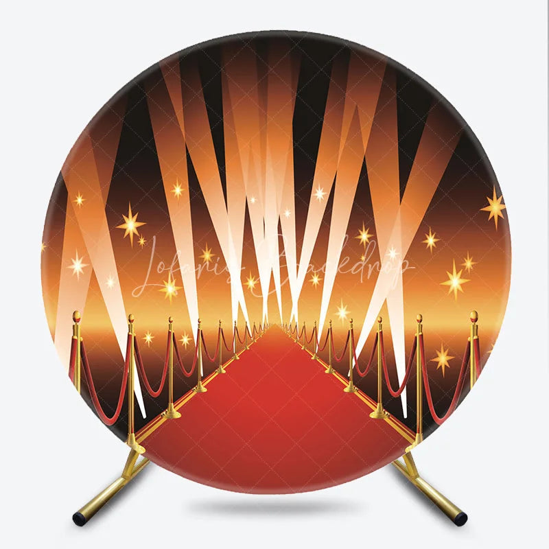 Lofaris Red Carpet Hollywood Round Backdrop VIP Runway with Spotlights and Stars Background Awards Night Birthday Party Decor