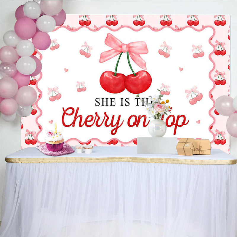 Lofaris Red Cherry On Top Pink Bow Gender Reveal Backdrop