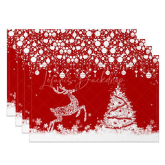Lofaris Red Christmas Set of 4 Placemats White Lace Reindeer Xmas Tree Winter Holiday Table Mats Decor