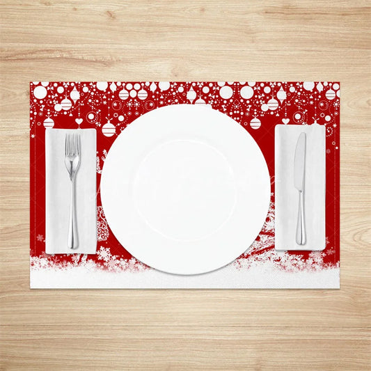 Lofaris Red Christmas Set of 4 Placemats White Lace Reindeer Xmas Tree Winter Holiday Table Mats Decor