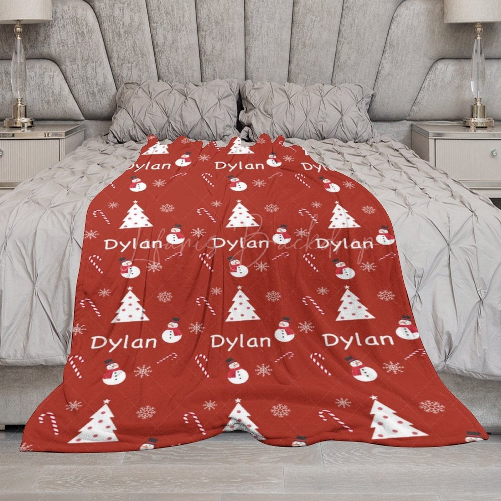 Lofaris Red Christmas White Tree Snowman Custom Name Blanket