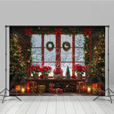 Lofaris Red Christmas Window Photography Backdrop Poinsettias and Wreaths with Snowy View Cozy Holiday Photo Background