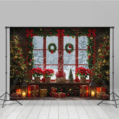 Lofaris Red Christmas Window Photography Backdrop Poinsettias and Wreaths with Snowy View Cozy Holiday Photo Background