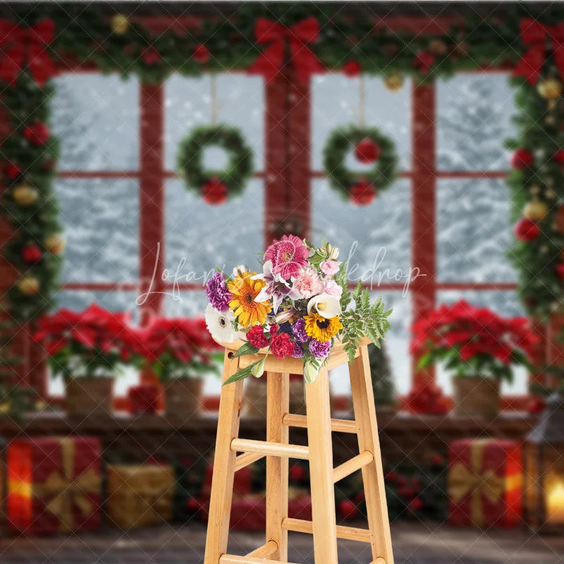 Lofaris Red Christmas Window Photography Backdrop Poinsettias and Wreaths with Snowy View Cozy Holiday Photo Background