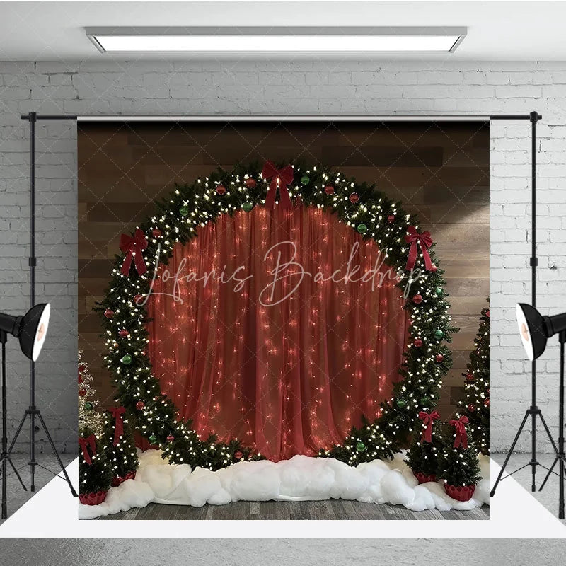 Lofaris Red Curtain Christmas Backdrop Round Wreath Arch Photography Background Winter Snow Floor Holiday Party Decoration