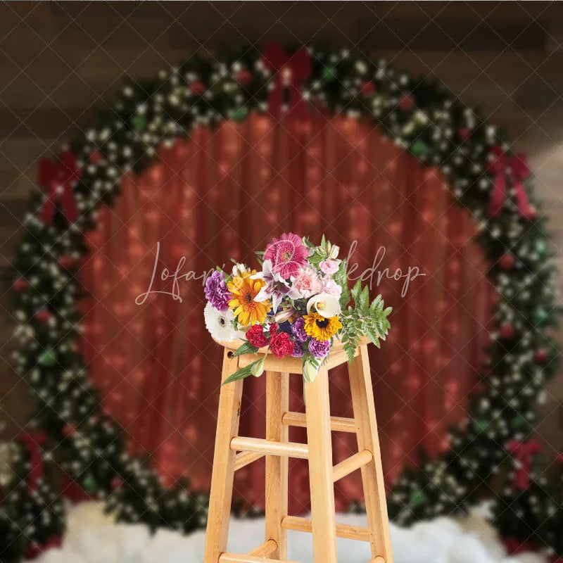 Lofaris Red Curtain Christmas Backdrop Round Wreath Arch Photography Background Winter Snow Floor Holiday Party Decoration
