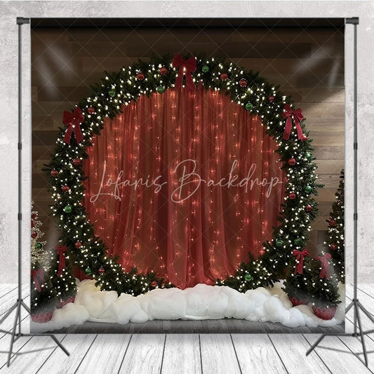 Lofaris Red Curtain Christmas Backdrop Round Wreath Arch Photography Background Winter Snow Floor Holiday Party Decoration