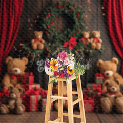 Lofaris Red Curtain Gifts Bear Wreath Christmas Vibe Backdrop