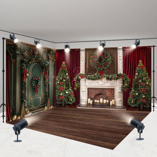 Lofaris Red Curtain Green Wall Christmas Room Set Backdrop