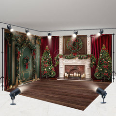 Lofaris Red Curtain Green Wall Christmas Room Set Backdrop