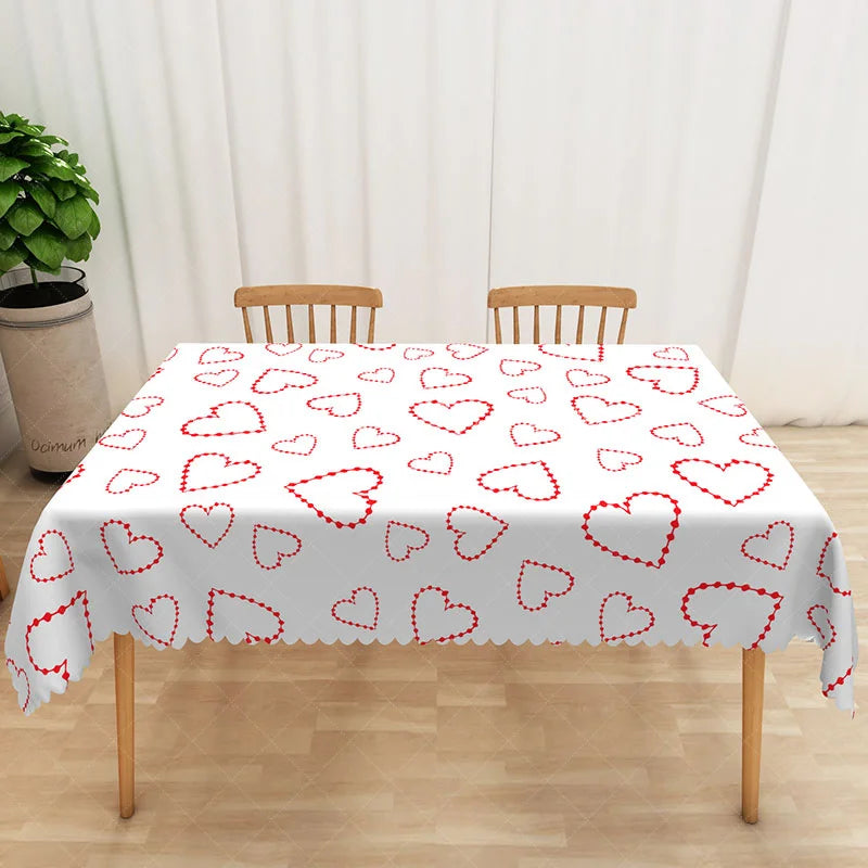 Lofaris Red Dotted Heart Rectangle Tablecloth Minimalist Love Shape Table Cover Simple Valentine Day Home Decor