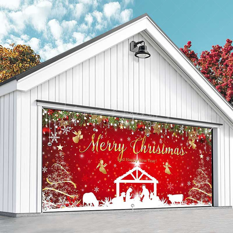 Lofaris Red Festive Christmas Nativity Garage Door Banner