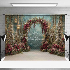 Lofaris Red Floral Forest Arch Backdrop Hanging Lantern Winter Snow Photography Background