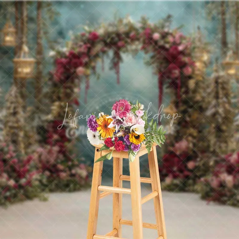 Lofaris Red Floral Forest Arch Backdrop Hanging Lantern Winter Snow Photography Background