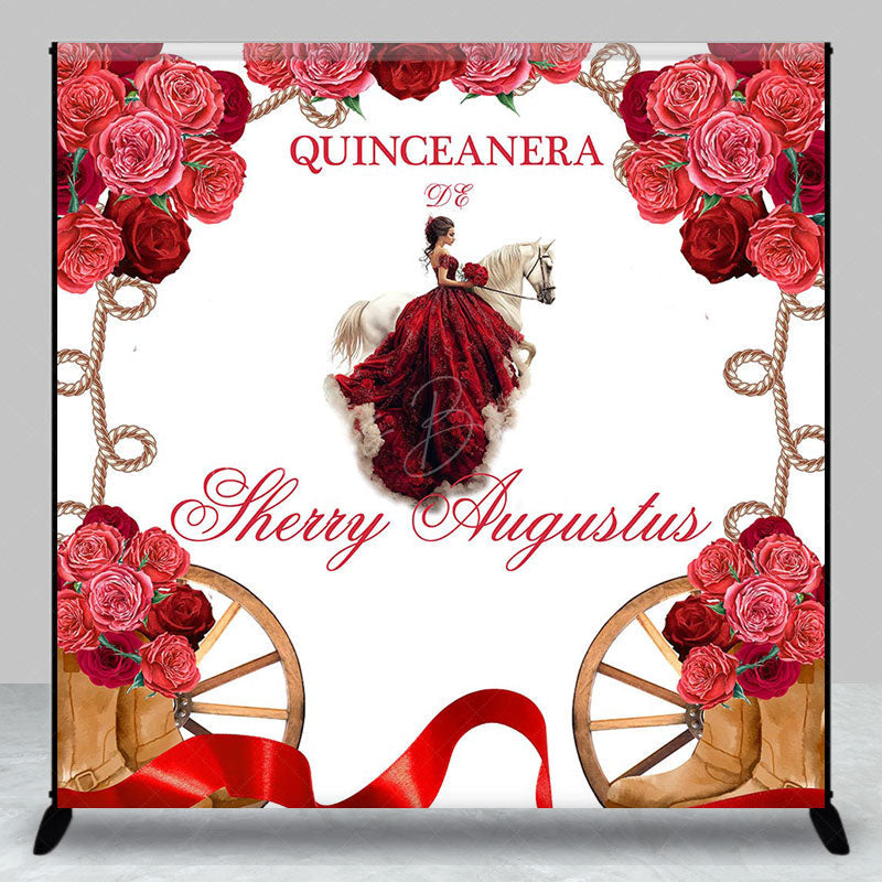 Lofaris Red Floral Horse Custom Name Quinceanera Backdrop