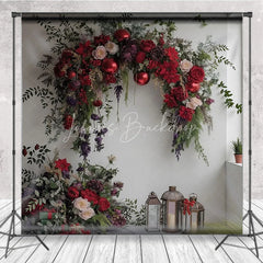 Lofaris Red Floral Valentine Backdrop Elegant Flower Arch Lantern Photography Background Romantic Wedding Anniversary Decoration