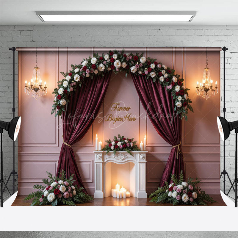 Lofaris Red Floral Wedding Forever Begins Here Cute Backdrop