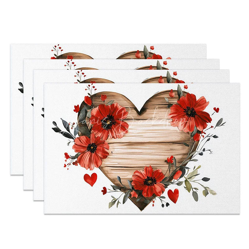 Lofaris Red Floral Wooden Heart Set of 4 Placemats Rustic Love Valentine Decoration Farmhouse Bloom Table Mat