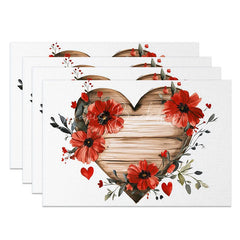 Lofaris Red Floral Wooden Heart Set of 4 Placemats Rustic Love Valentine Decoration Farmhouse Bloom Table Mat
