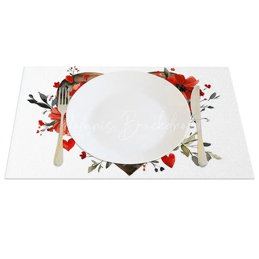 Lofaris Red Floral Wooden Heart Set of 4 Placemats Rustic Love Valentine Decoration Farmhouse Bloom Table Mat