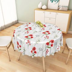 Lofaris Red Flower Round Tablecloth with Green Stems on White for Modern Floral and Minimalist Dining Decor