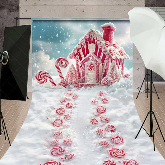 Lofaris Red Gingerbread House Sweep Backdrop Candy Cane Lane Peppermint Path Snow Floor Photo Background