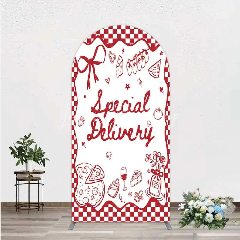 Lofaris Red Gingham Special Delivery Arch Backdrop Pizza Baby Bottle and Cake Slice for Shower Party