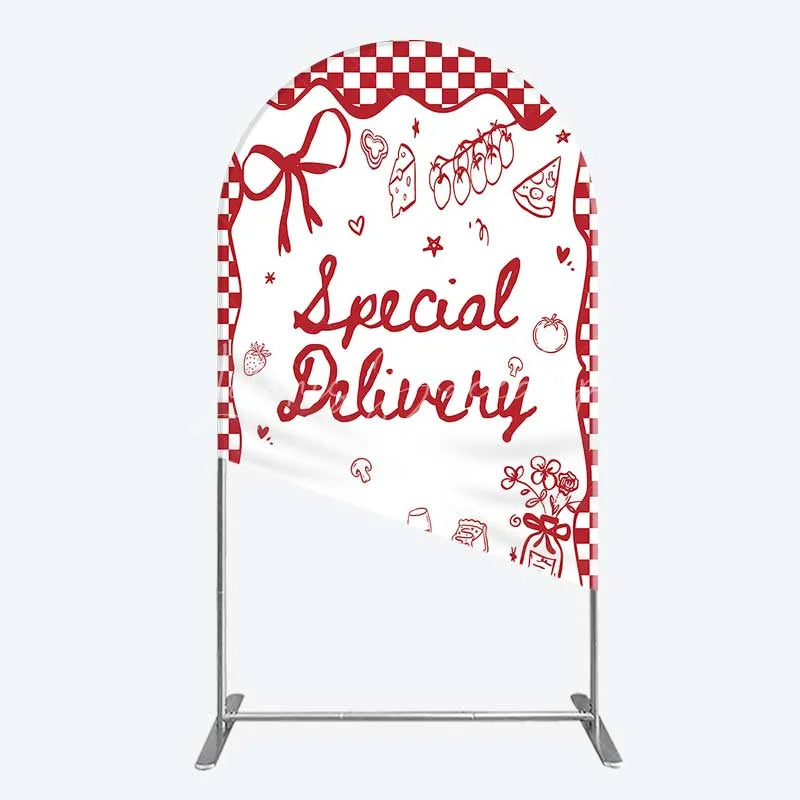 Lofaris Red Gingham Special Delivery Arch Backdrop Pizza Baby Bottle and Cake Slice for Shower Party