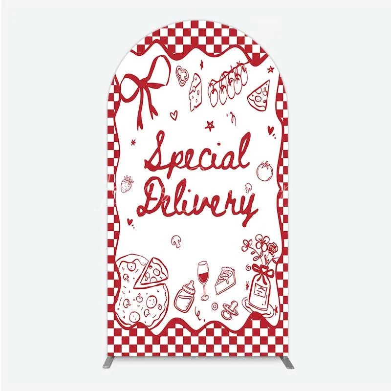 Lofaris Red Gingham Special Delivery Arch Backdrop Pizza Baby Bottle and Cake Slice for Shower Party