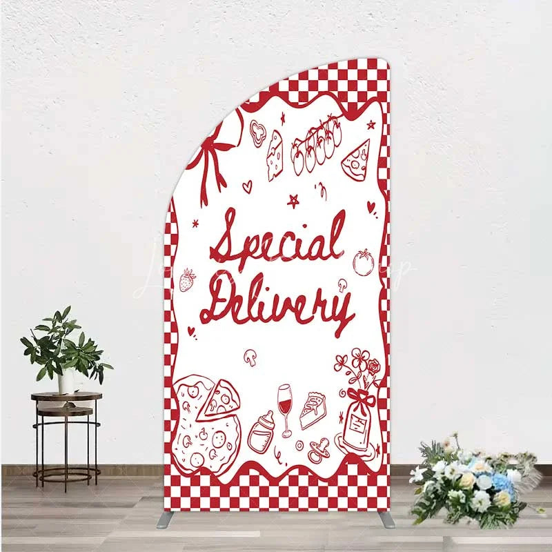Lofaris Red Gingham Special Delivery Half Moon Arch Backdrop Pizza Baby Bottle and Cake Slice for Shower Party