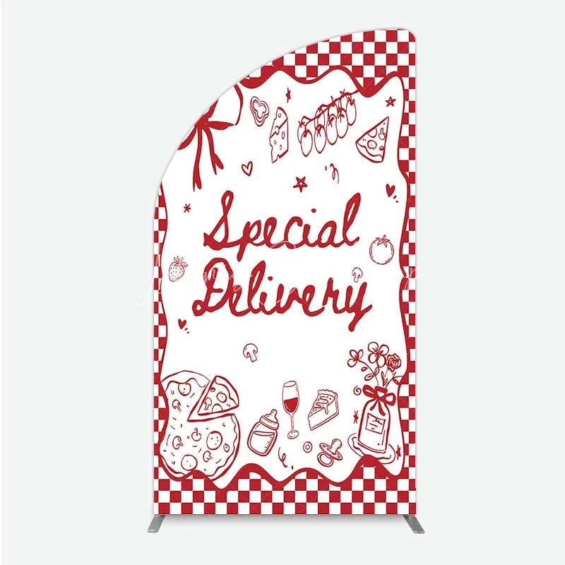 Lofaris Red Gingham Special Delivery Half Moon Arch Backdrop Pizza Baby Bottle and Cake Slice for Shower Party