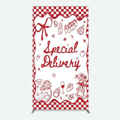 Lofaris Red Gingham Special Delivery Rectangle Backdrop Pizza Baby Bottle and Cake Slice for Shower Party