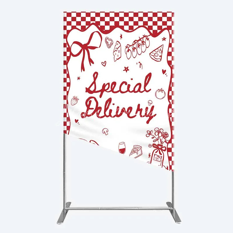 Lofaris Red Gingham Special Delivery Rectangle Backdrop Pizza Baby Bottle and Cake Slice for Shower Party