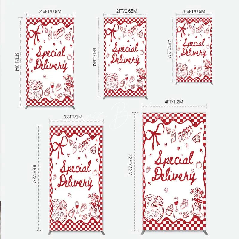 Lofaris Red Gingham Special Delivery Rectangle Backdrop Pizza Baby Bottle and Cake Slice for Shower Party