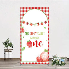 Lofaris Red Gingham Strawberry Berry Sweet is Turning One Rectangle Backdrop Kit First Birthday Party Decor