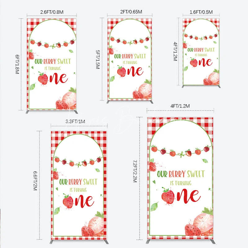 Lofaris Red Gingham Strawberry Berry Sweet is Turning One Rectangle Backdrop Kit First Birthday Party Decor