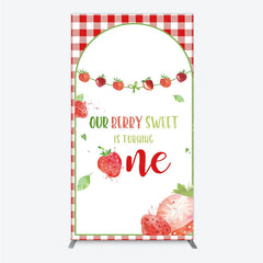 Lofaris Red Gingham Strawberry Berry Sweet is Turning One Rectangle Backdrop Kit First Birthday Party Decor