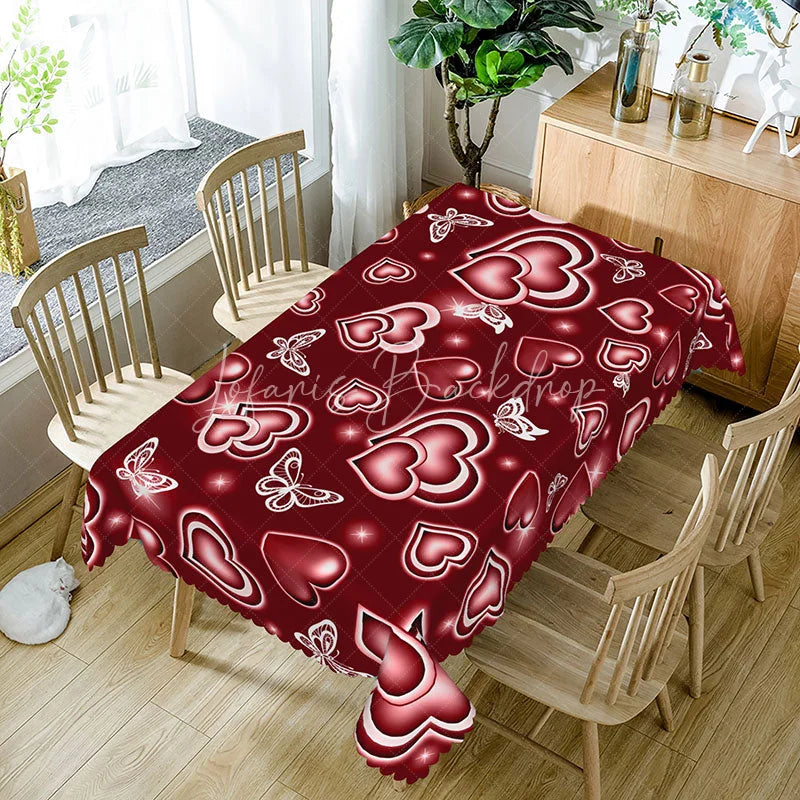 Lofaris Red Glowing Heart Butterfly Rectangle Tablecloth Neon Light Love Pattern Romantic Valentine Kitchen Decor
