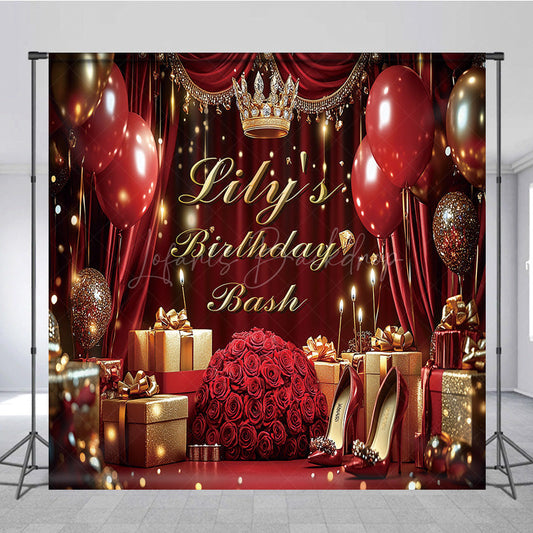 Lofaris Red Gold Balloons Royal Custom Name Birthday Backdrop