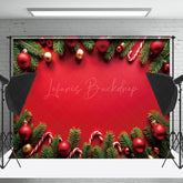 Lofaris Red Gold Bauble Candy Pine Leaves Christmas Backdrop