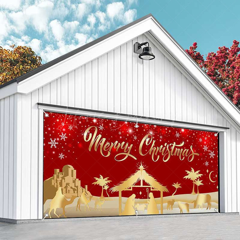 Lofaris Red Gold Snowy Night Nativity Garage Door Banner