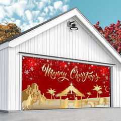 Lofaris Red Gold Snowy Night Nativity Garage Door Banner