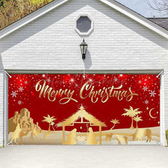 Lofaris Red Gold Snowy Night Nativity Garage Door Banner