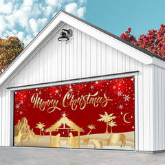 Lofaris Red Gold Snowy Night Nativity Garage Door Banner