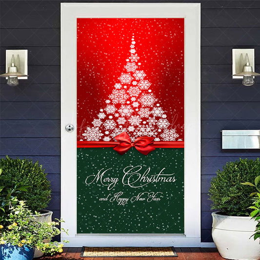 Lofaris Red Green Snowy Tree Bow Tie Christmas Door Cover
