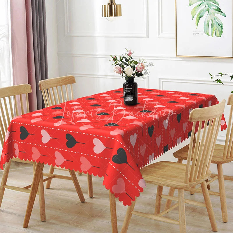 Lofaris Red Heart Balloon String Rectangle Tablecloth Cute Dotted Line Pattern Romantic Valentine Date Night Home Decor