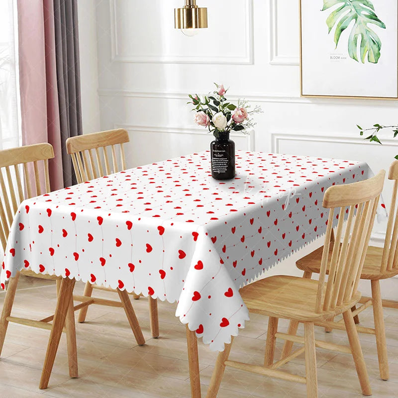 Lofaris Red Heart Garland String Rectangle Tablecloth Wavy Dotted Line Pattern Cute Valentine Kitchen Dining Decor