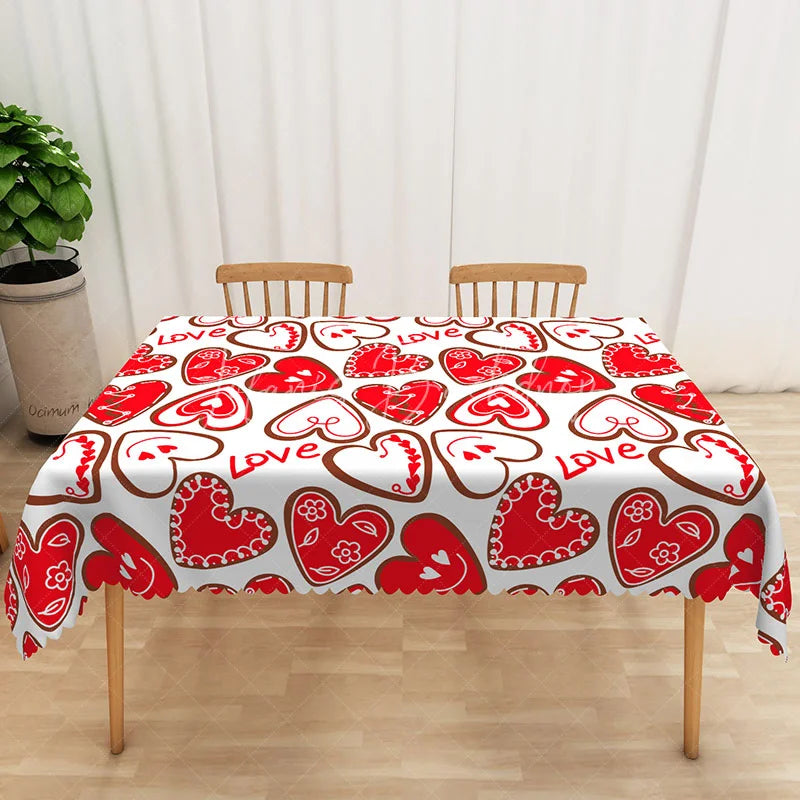 Lofaris Red Heart Love Text Rectangle Tablecloth Cute Valentine Doodle Table Cover Romantic Dinner Party Decor