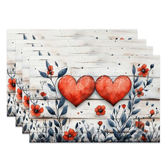 Lofaris Red Heart White Wood Set of 4 Placemats Rustic Floral Valentine Decoration Romantic Farmhouse Table Mat